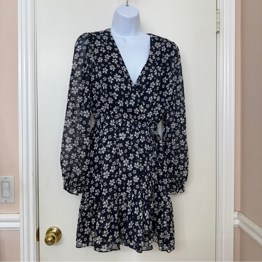 Chelsea 28 Women's Chiffon Mini Wrap Dress, Dark Blue White Floral Size S